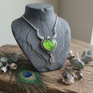 Sterling Silver Green Fire Opal Heart Necklace Indian Boho Whimsigoth Statement